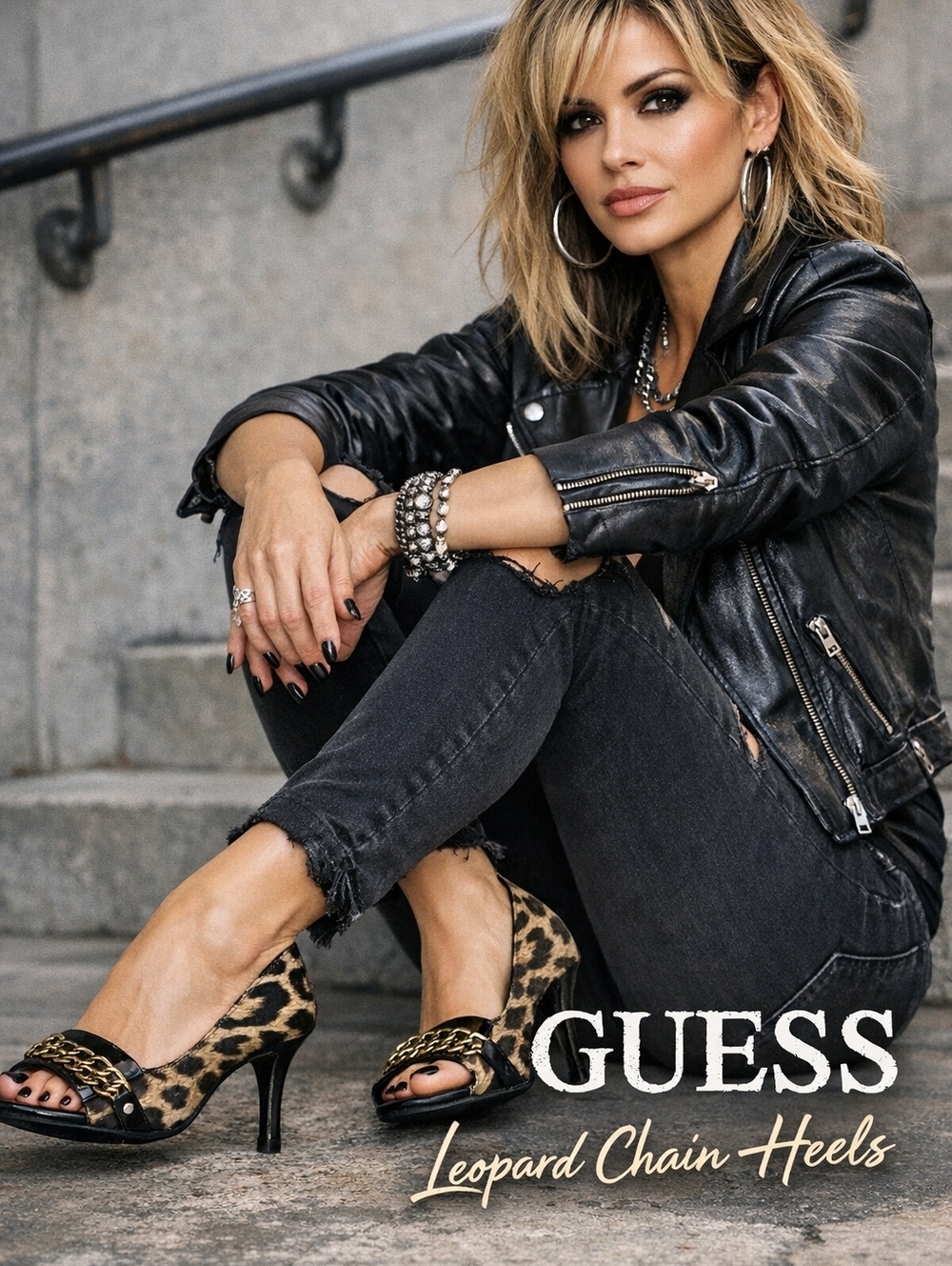 Guess Open Toe chain leopard heels 6.5‎